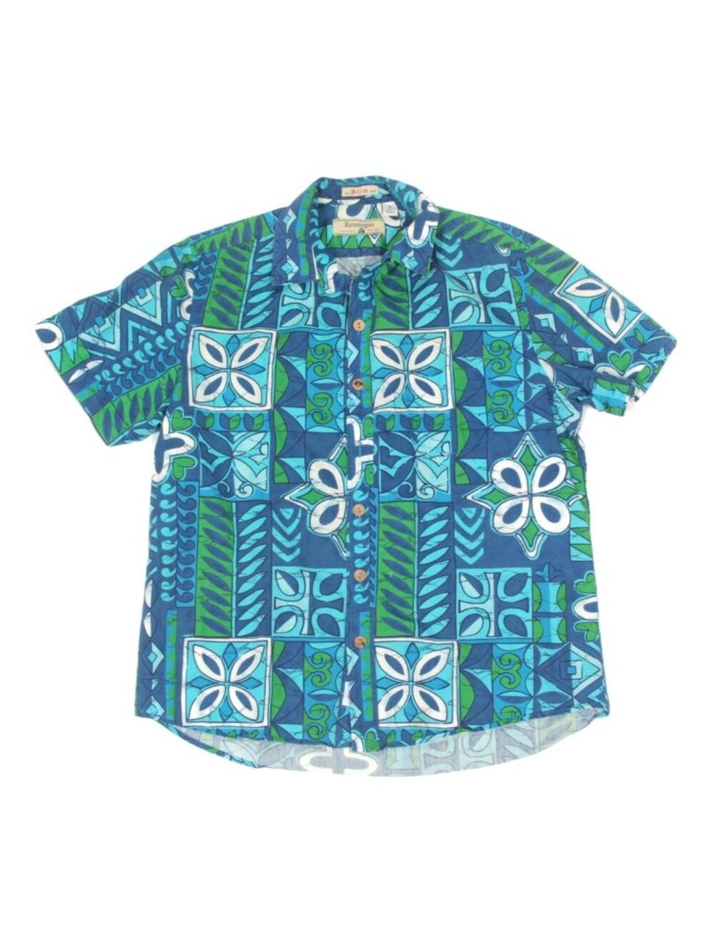 KENNINGTON Slim Shirt Blue Green Hawaiian Tiki Design Cotton Mens size  XL /735